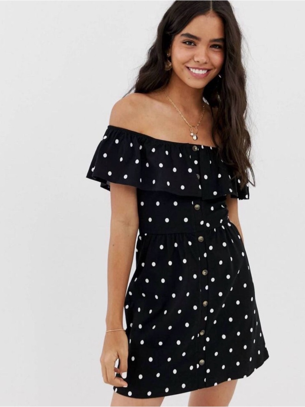 ASOS Black and White Polka Dot Dress size 8 flounce off the shoulder